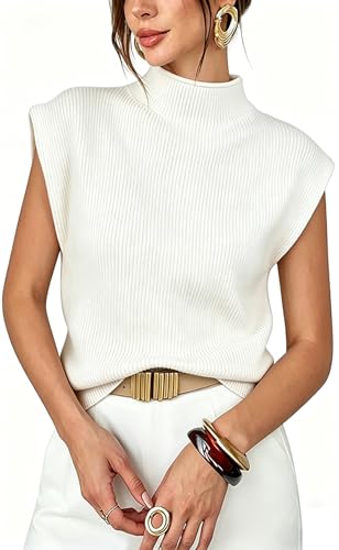 Image of Womens Sleeveless Sweater Vest Mock Neck Tank Tops Casual Cap Sleeve Knit Pullover Summer Clothes