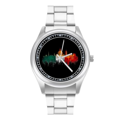 Italy Skyline - Reloj de pulsera para hombre, analógico, de cuarzo, acero inoxidable, con diseño de bandera italiana