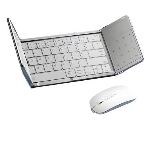 Juegos de Teclado y Mouse de 3 Pliegues, Teclado portátil Plegable con Modo de Panel táctil y Teclado numérico, Distancia de transmisión ≤10 m Android Windows iOS Tableta y computadora portáti Silver