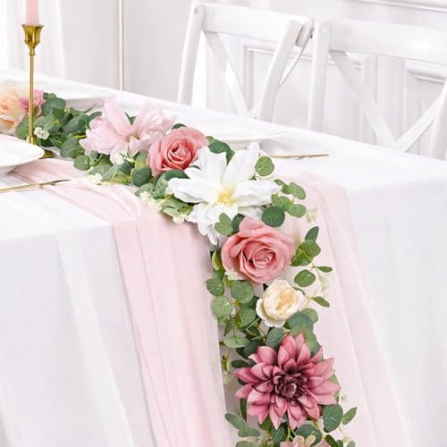 6ft Flower Garland with Lights, Pink Rose Floral Garland with 3M String Lights, Artificial Eucalyptus Greenery Vines with Flowers for Valentine Table Decor Wedding Table Party Backdrop Room Decor