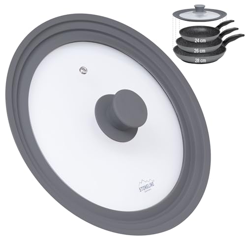 STONELINE 3 in 1 Universaldeckel für Töpfe und Pfannen mit 24/26/28 cm Universal Glasdeckel mit abgestuftem Silikonrand Platinsilikon, hitzebeständig platzsparend, 3 Größen, Grau