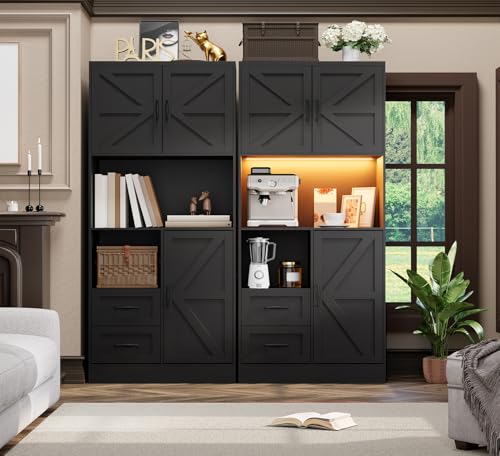Image of Kitchen Pantry Storage Cabinet with LED Lights and Power Strip, Tall Farmhouse Kitchen Pantry with Barn Doors and Drawers, Adjustable Shelves for Dining Living Room (Black)