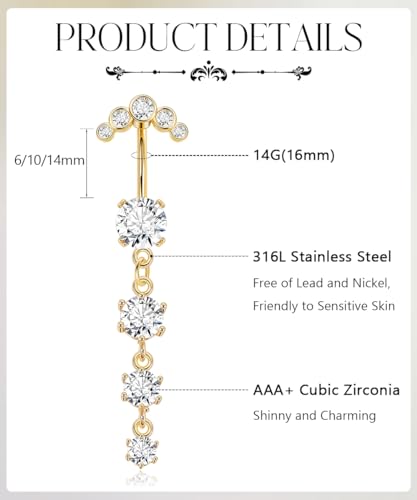 REVOLIA 5Pcs 14G Surgical Steel Dangle Belly Button Ring for Women Dangle Navel Ring Curved Belly Rings CZ Butterfly Barbell Body Piercing Jewelry4