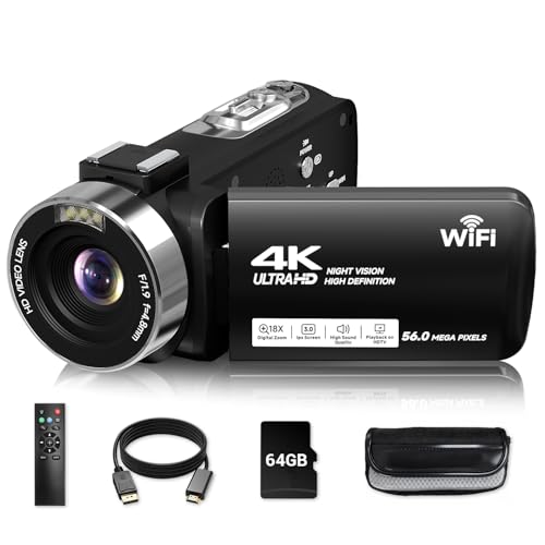 Video Camera, 4K Camcorder 56MP Digital Video Recorder 18X Zoom 3″ 270° Rotation Touchscreen IR Night Vision, Wifi Vlogging Camera for YouTube 64GB Card Anti-Shake Remote Control Camera Bag Lens Cap