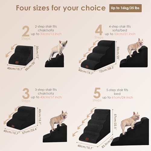 EHEYCIGA Hundetreppe für Kleine Hunde 50 cm Hoch, Haustiertreppe für Sofa Bett, Treppe für Hunde aus Hochdichtem Schwamm, Hunderampe mit Waschbarem Bezug und Rutschfestem Boden, 4 Stufen, Schwarz
