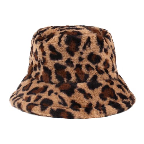 Women Girls Winter Plush Bucket Hat Leopard Print Fuzzy Warm Bucket Caps Faux Fur Fisherman Hats Casual #TOP8