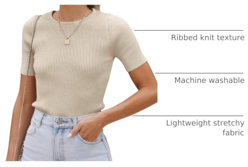 Image of ZESICA Women's Short Sleeve Sweater Tops 2026 Summer Crewneck Basic T Shirt | Business Casual Outfits, Solid Color Ribbed Knit Tee, Slim Fitted, Soft Skin Friendly, Going Out Top, Cute Dressy Blouse