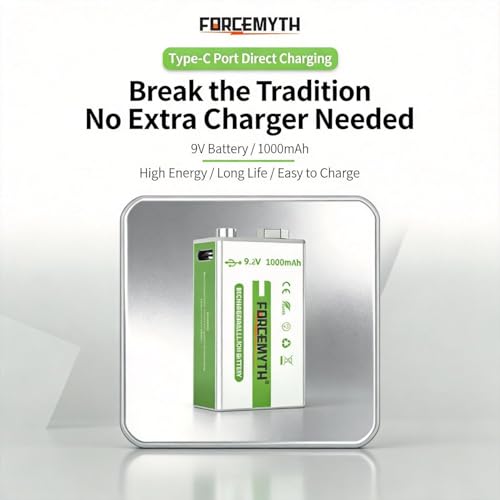 Image of 9V Rechargeable Lithium Battery with Charger, 1000mAh High Capacity, USB-C Direct Charging & Wireless Charging, Stable Output, 1,200+ Recharge Cycles, Long Shelf Life