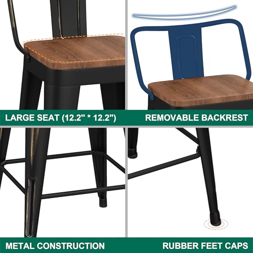 Image of WENTMENT Bar Stools Set of 4 Counter Height Bar Stools Metal Barstools with Removable Back 26 inch Kitchen Bar Stools with Wooden Seat, Distressed Black