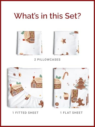 King Gingerbread House Sheet Set - Holiday Xmas Pattern Bedding Set - Deep Pockets - Snug Fit - 4PC - Wrinkle Free & Easy Care - Comfy Festive Winter - Holiday Sheets for Women, Men, Kids & Teens