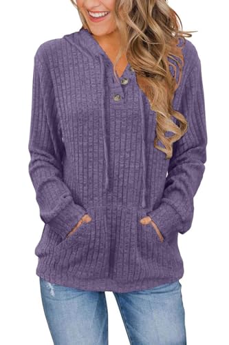 JomeDesign Sweaters for Women Lightweight Sweatshirts Loose Fit Button V Neck Hoodies Winter ClothesPurple L