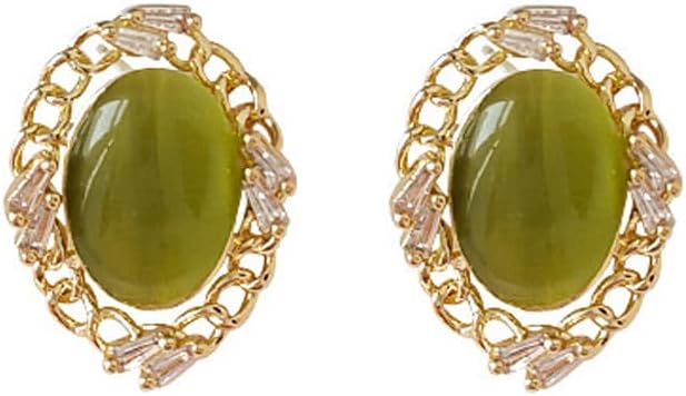 Vintage French Oval Cat Eye Stud Earrings for Women, Gold-Plated Retro Earrings with Blue and Green Stones, Elegant Jewelry for Party, Wedding, or Daily Wear
