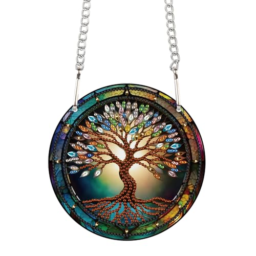 Image of AiYuanzsh Tree Diamond Painting Hanging Kit, DIY 5D Acrylic Pendant Ornament, Special Shaped Crystal Diamond Art Hanging Kits for Wall, Door, or Garden, Adult Craft Gift