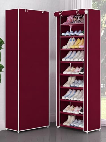 Image of YouCopia Shoe Rack for Home Non Woven Fabric - DIY Multipurpose Shoe Rack Organizer, 9-Layer Shoe Rack for Home -Shelf with Dustproof Door Entryway for Heels /Slippers /Boots (Maroon, 9-Layer)