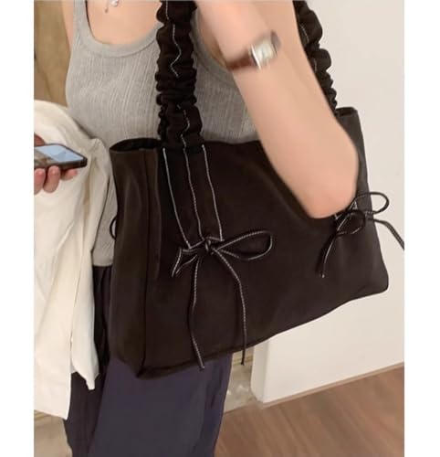 JHTPSLR Bow Tie Large Canvas Tote Bag Coquette Tote Bag Women Elegant Ribbon Bowknot Pleated Balletcore Shoulder Bag Handbag2