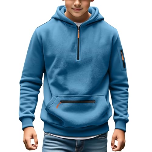 toddler jacket,Boys Half Zip Hoodies Casual Fall Winter Fashion Long Sleeve Hooded Sweatshirts Baggy Comfy Y2k Pullover Tops Teens Preppy Warm Outwear with Pockets B-Sky Blue 8-9 Years