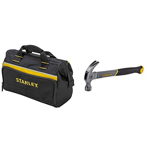 STANLEY Tool Bag 30 x 25 x 13 cm in Resistant 600 x 600 Denier with 8 Interior 2 Exterior Pockets and Reinfored Base 1-93-330 & STANLEY STHT0-51309 16oz Fiberglass Curved Claw Hammer, 450g