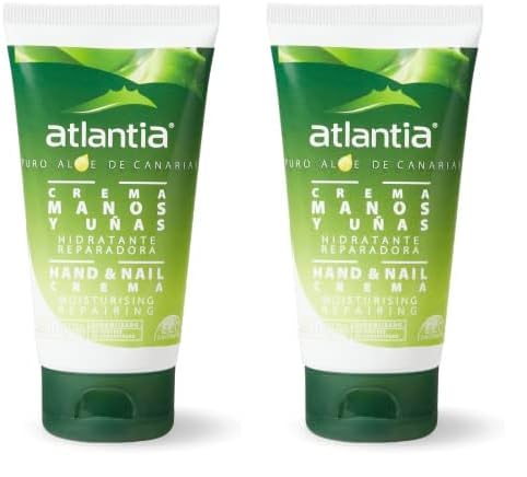 Atlantia Crema de Manos y Uñas | Crema para Manos Agrietadas y Secas | Crema de Manos Natural | Crema Hidratante y Reparadora | Crema de Manos con Aloe Vera | 75 ml (Paquete de 2)