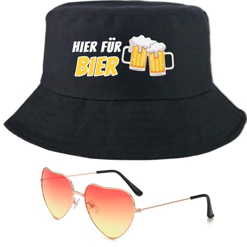 Snyvpra Fischerhut Unisex Und Brille, Fischerhut Lustig Mit 'Hier FÜR Bier', Anglerhut, Festival Hut, Bucket Hat, Für Malle Accessoires, Festival Zubehör, Festival Gadget, Festival Accessoires