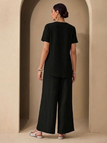 Image of TOPLOT Women's Co-ord Set | Stylish Matching Top & Bottom Set | Notch Neckline with Button Detail | Loose-Fit, Short-Sleeve Top with a Relaxed Silhouette |Ideal for Casual (5250)