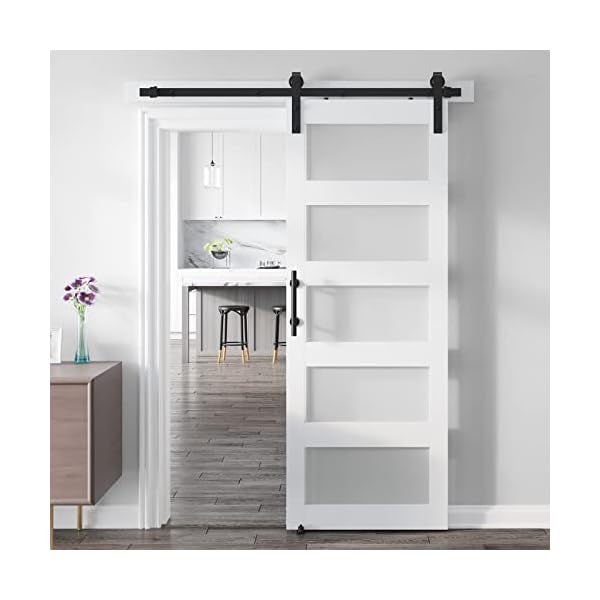YiHICO 30in x 84in Glass Barn Door (Predrilled & Easy to Assemble) with Whole 5ft Sliding Door Hardware Kit Included, 12in Handle Kit and 2 Floor Guides, PVC Waterproof Coating-White