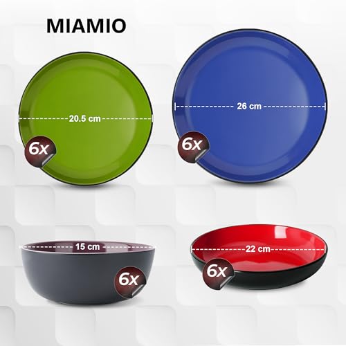 MIAMIO – Geschirrset 6 Personen/Steingut Geschirr Set 24-teilig, Tafelservice Steingut mit Tellern, Schüsseln, Tassen, und Suppentellern - Le Papillon Kollektion (Bunt,24 Teile Set)