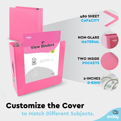 2 Inch 3 Ring Binder 2” Pink, Slant D-Ring 2 In Binder Clear View Cover With 2 Inside Pockets, Heavy Duty Colored School Supplies Office And Home Binders – By Enday #TOP4