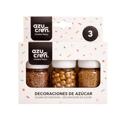 Azucren, Set 3 Decoración Dorada Comestible para Tartas, Perlas Doradas, Fideos y Nonpareils Oro, Kit de Bolitas de Azúcar para Repostería, Decoración de Pasteles, Cupcakes y Postres, 3 Botes x 80g
