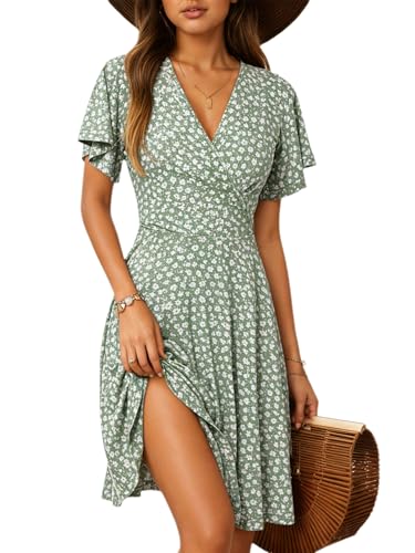 Robe d'été pour femme Oyamiki trapèze à col en V et motif floral à poches