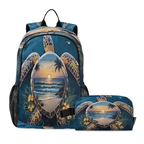 ALAZA Abstract Big Sea Turtle Beach Kids Backpack Elementary Girls Boys Bookbag Rucksack Primary School Bag Backpack Set with Lunch Bag