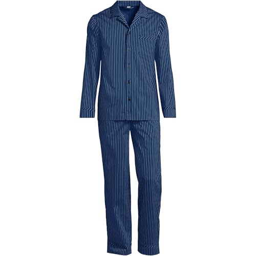Lands' End Men's Long Sleeve Temperature Regulating Woven Sleep Set Medium Deep Sea Navy Stripe3