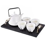 Classic White Ribbed Ceramic Tea Set, Vintage Serving Tray, Teapot & 4 Teacups - MyGift
