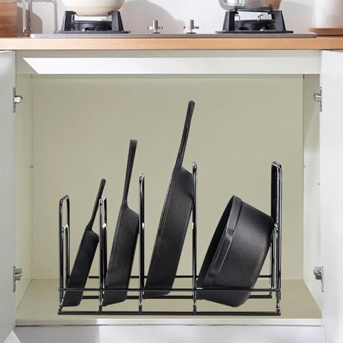 Image of Cast Iron Frying Pan Holder Organizer Rack, Pans Pot Stand Dish Rack Storage Stand for Kitchen Cabinet, Countertop, [ Without pan] (Rustic)