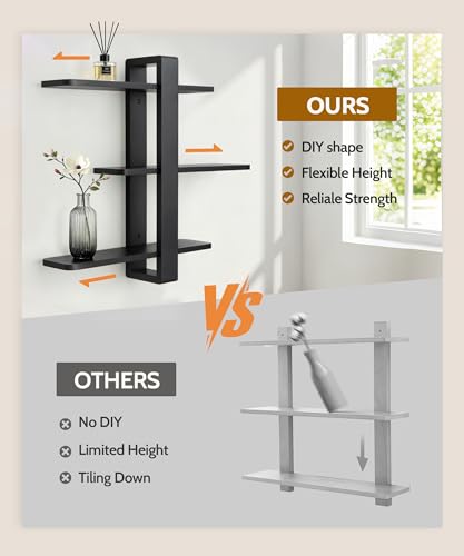 SUMGAR Floating Shelves Black for Wall Mounted Shelving Unit All Pine Wood 50CM 3 Tier Large Shelf for Living Room Bedroom Office Bathroom Home Decoration Storage Plant Photo Display