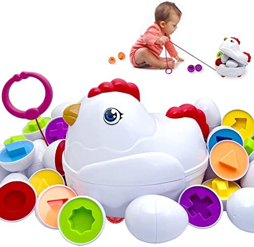 Easter Matching Eggs Toddler Toy with Push & Pull Chicken Box, 12 Pcs Montessori Sorter Learning Educational Toy, Multiple Shapes and Colors Fine Motor Skills Sensory Toy, Gift for Boys Girls
