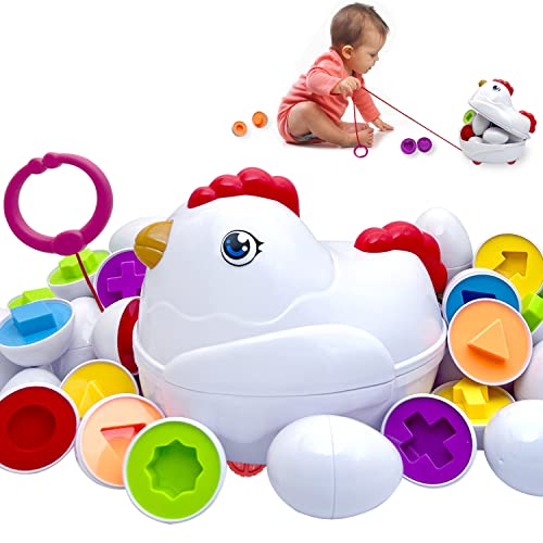 Image of Easter Matching Eggs Toddler Toy with Push & Pull Chicken Box, 12 Pcs Montessori Sorter Learning Educational Toy, Multiple Shapes and Colors Fine Motor Skills Sensory Toy, Gift for Boys Girls