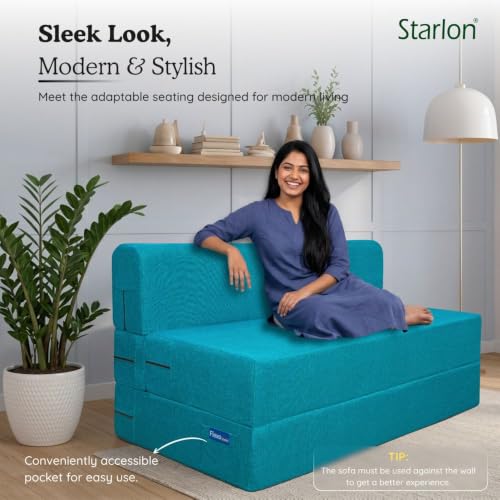Image of Starlon 3 Seater Sofa Cum Bed Foldable 3-in-1 Sofa Bed with 1 Year Warranty, Washable Jute Fabric Cover | Aqua Teal 5x6 Ft