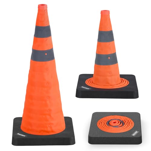 BATTIFE [1 Pack] 28 Inch Collapsible Traffic Safety Orange Cones with Black Weighted Base, Multi Purpose Pop-up Cones and Reflective Collar, for Road Parking, Driving Practice.
