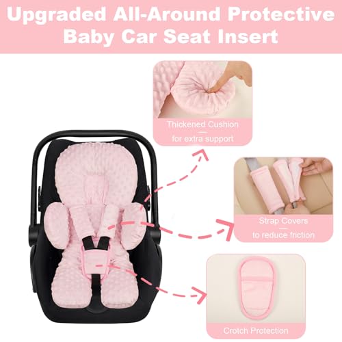 Image of Infant Car Seat Insert for Newborn Boys Girls, Extra Thick & Soft Minky Preemie Car Seat Head Body Support Cushion with Strap Pads, Perfect for Stroller, Baby Swing, Bouncer, 2-in-1 Reversible, Pink