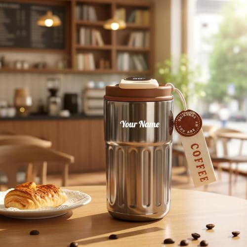 Image of Giftana Personalized Coffee Tumbler with Name, Customized Travel Mug with Lid, Coffee Mug for Men and Women, Birthday Gifts, Valentine's Day Gift, Corporate Gifts for Employee (Silver, 420ml)