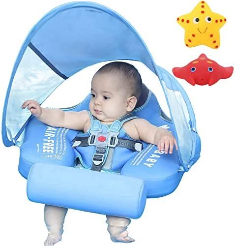 VQ-Ant Mambobaby Float Non Inflatable Smart Swim Trainer Newest Size Improved Add Tail Never Flip Over UPF 50+ Sun Canopy Baby Swim Float Mambo Baby Float Solid Swimming Ring Infant Pool Float
