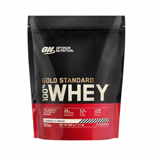 Optimum Nutrition Gold Standard 100% Whey para apoyo y reparación muscular, bajo en azúcar y alto en proteínas, con Glutamina y BCAA naturales, sabor Cookies & Cream, 15 porciones, 480 g