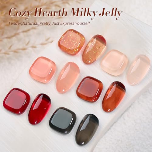Born Pretty Jelly Gel Nail Polish Set Fall Winter Brown Blood Red Burgundy Black Gel Polish Sheer Milky Nude Transparent Gel Polish Set Nail Art Varnish Manicure Collection Gift 7ML 6PCS