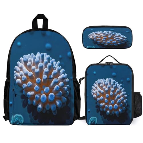 3-in-1 Backpack Combination Set Nautical Blue Coral Print 3Pcs Backpack Sets Travel Daypack with Lunch Bag And Cosmetic Bag