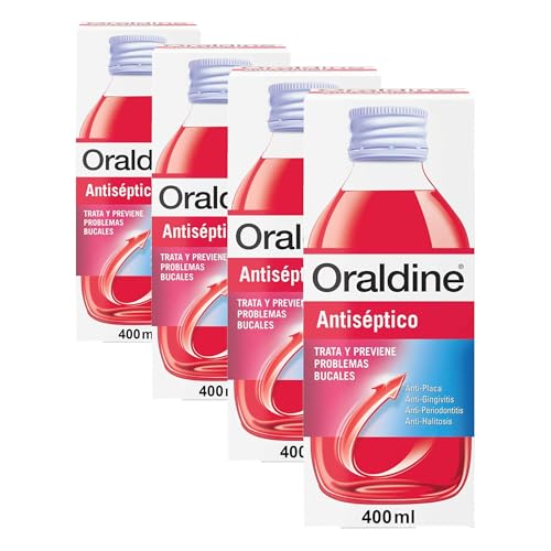 Oraldine, Colutorio liduido sabor menta De Uso Diario, ne problemas bucales, Antiséptico y Antifúngico, Previene Gingivitis y Aftas, 400 ml (Paquete de 4)