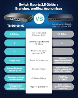 TP-Link Switch 2.5 Gigabit 5 Ports, Boitier Métal, Silencieux sans Ventilateur, Plug-and-Play, Protection à Vie, 100/1000/2500Mbps pour PC, NAS, Serveur, Console de Jeu, Vidéo 4K/8K, TL-SG105-M2