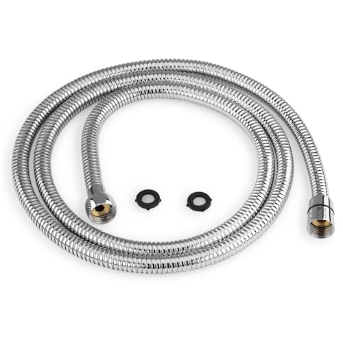H&S Tuyau de Douche 1m25 - Flexible de Douche en Acier Inoxydable avec Finition Chromée - Tuyau de Remplacement Universel avec 2 Rondelles - Tuyau Anti-Noeud avec Fort Débit d'Eau