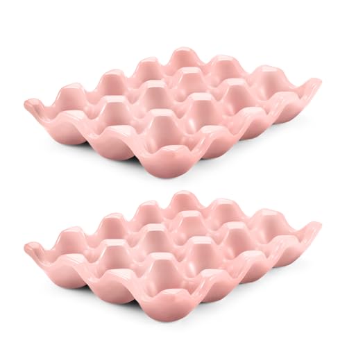 Flexzion 12 Cups Ceramic Egg Holder - Whole Dozen Porcelain Egg Tray Container Keeper Storage Organizer Decorative Serving Stand Serveware for Refrigerator Fridge Countertop Display 2 Pack (Pink)
