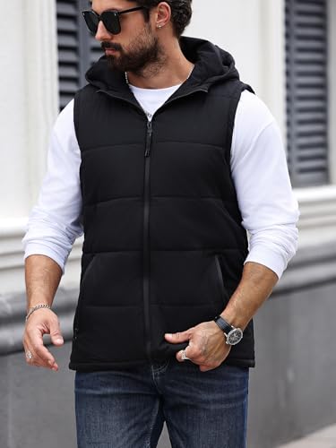 Image of SOLY HUX Men's Zip Up Puffer Vest Sleeveless Hoodies Coat Warm Outerwear with Pockets Plain Black Medium