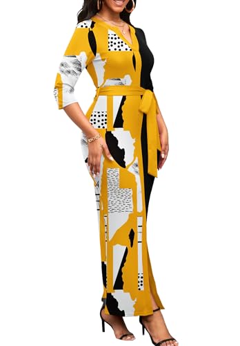 Image of Nmoder Long Maxi Dress for Women, Pencil Church Bodycon Dress Front Split | 3 /4 sleeve v neck, curvy tea party work semi formal cocktail funeral date bridesmaid dress, colorblock, m-3xl